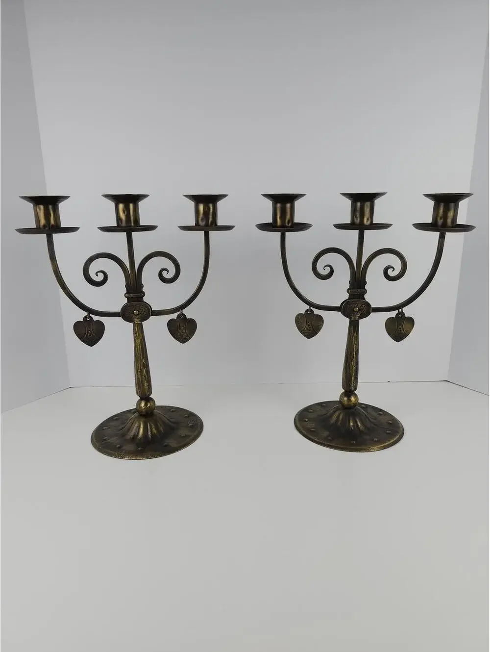 Vtg German Arts & Crafts Iron Candelabra Heart Gothic Jugendstil Candle Holders